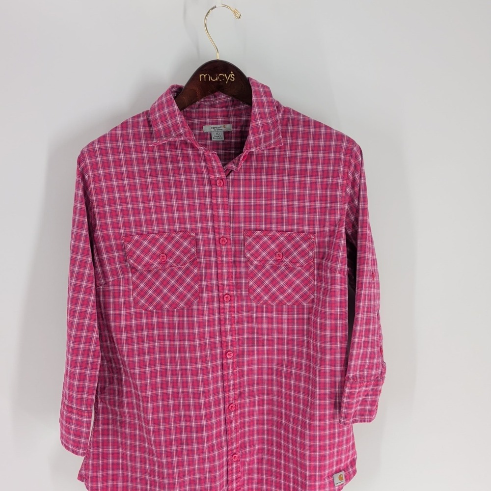 Carhartt Plaid Pocket Relaxed Fit 3/4 Sleeve Button Up Shirt Pink Size XL(16/18)